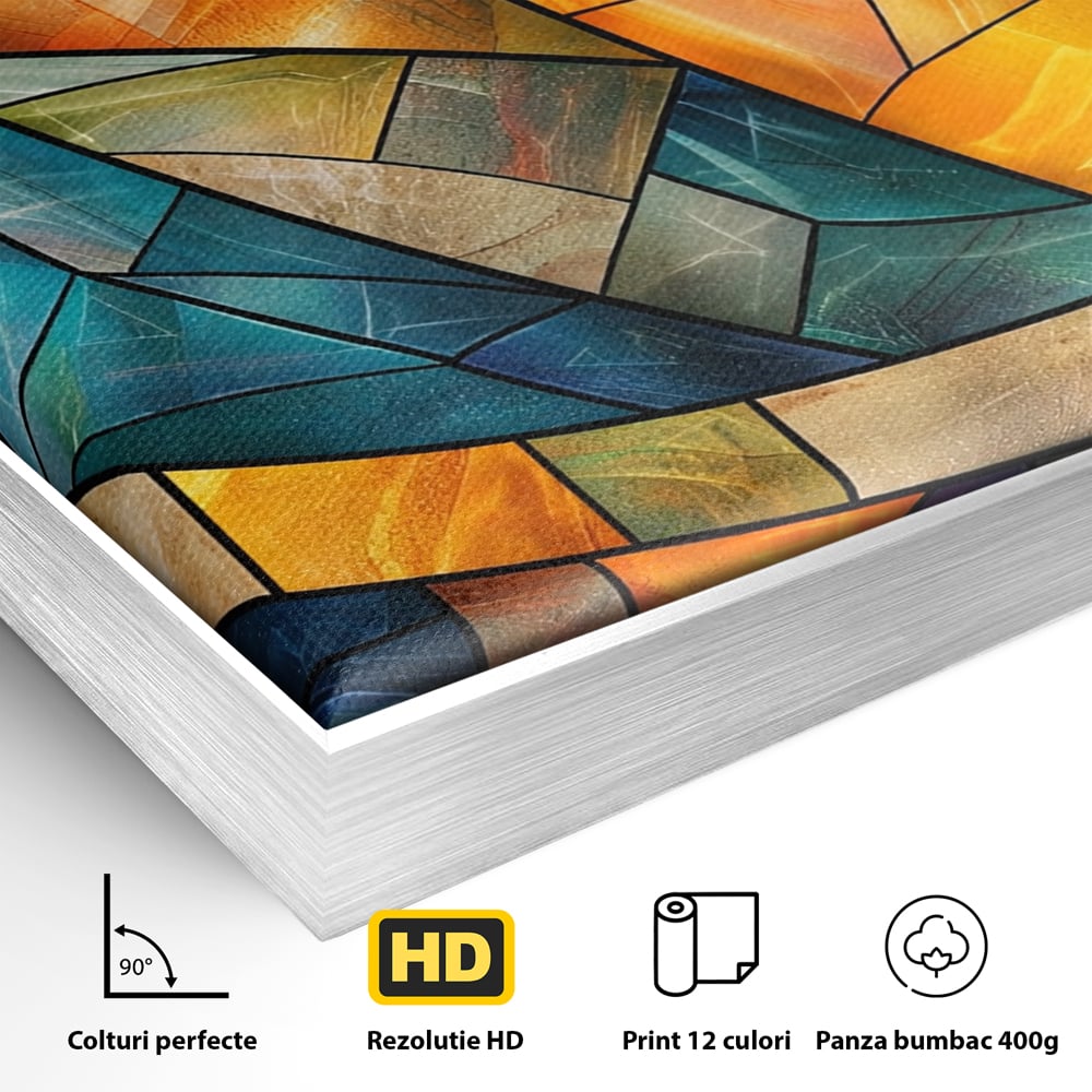 Detaliu al suprafetei: tablou canvas cu mozaic geometric colorat, in rama de aluminiu argintiu